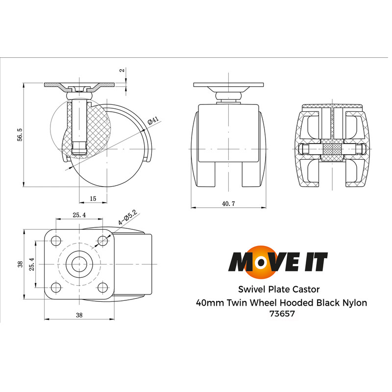 Twin Wheel Castor 40mm Plate