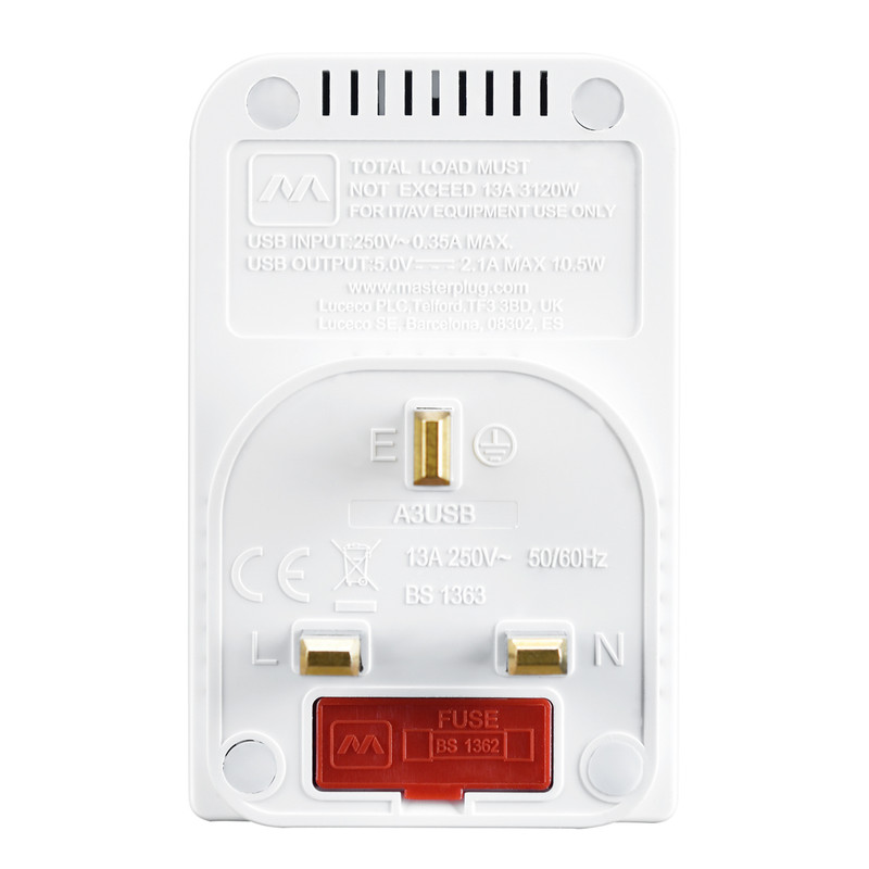 3 Socket 13A Multisocket Adapter 2 x 2.1A USB