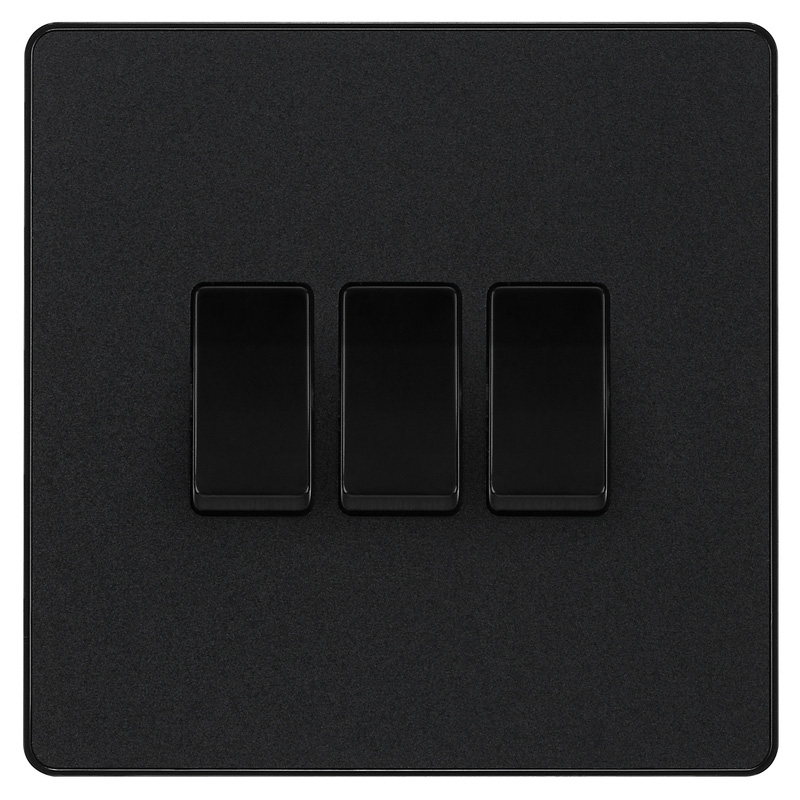 BG Evolve Matt Black (Black Ins) Triple Light Switch, 20A 16Ax, 2 Way