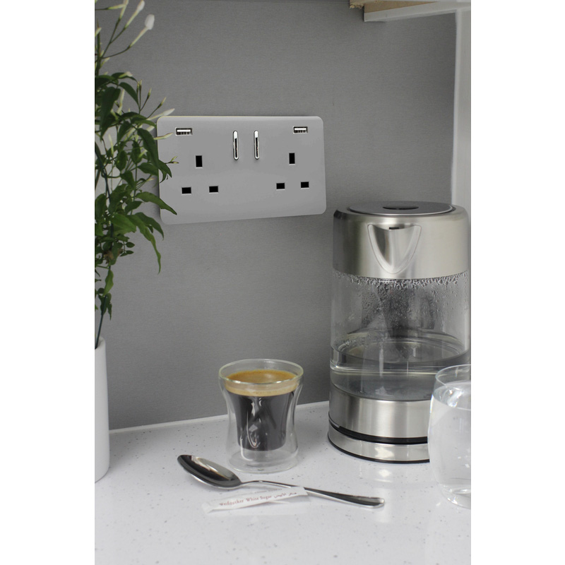 Trendiswitch Light Grey 2 Gang 13 Amp Socket. 2X2.1MaH USB 2 Gang