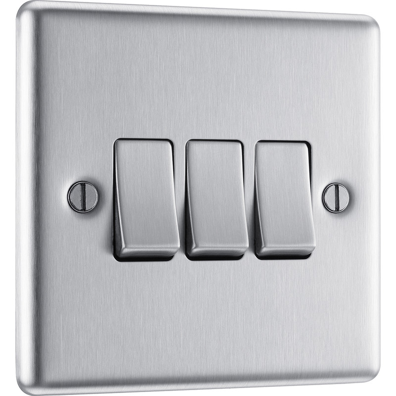 BG Brushed Steel 10A Switch 3 Gang 2 Way