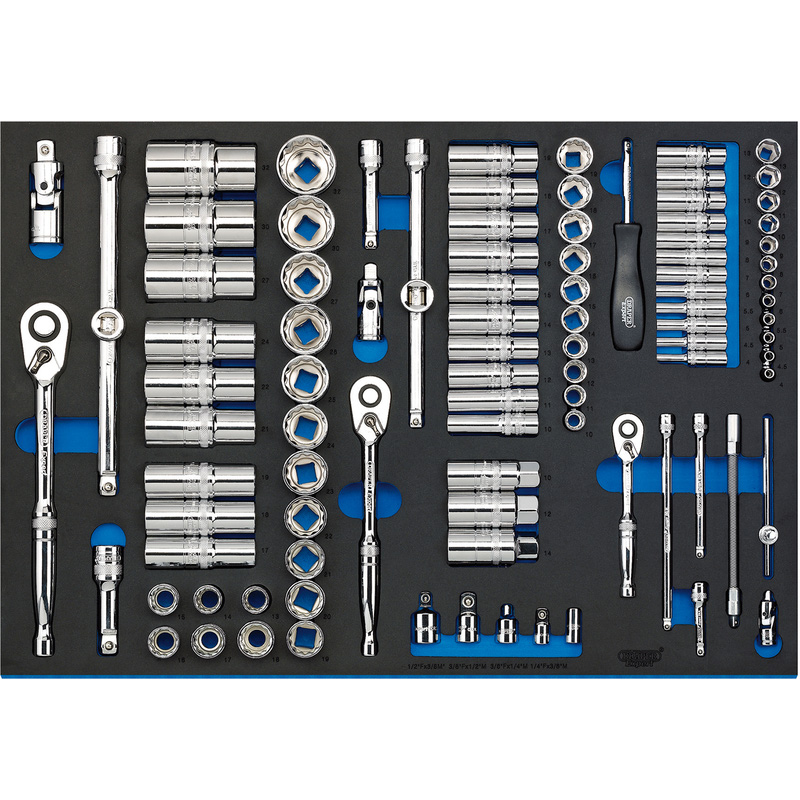 Draper Socket Set in Full Plus Drawer EVA Insert Tray, 1/4", 3/8" & 1/2"