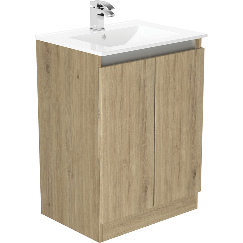 Newland Double Door Floor Standing Vanity Unit With Basin Natural Oak 600mm