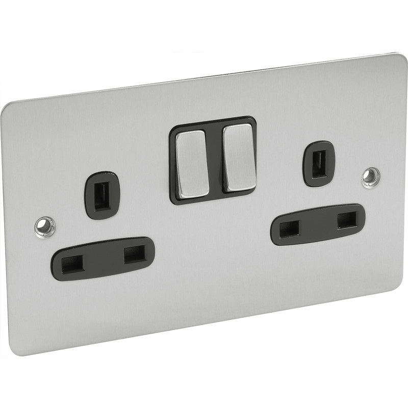 Flat Plate Satin Chrome 13A Switched Socket 2 Gang SP