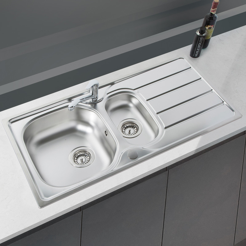 Reversible Stainless Steel Kitchen Sink & Drainer With Single Lever Mixer Tap 1.5 Bowl