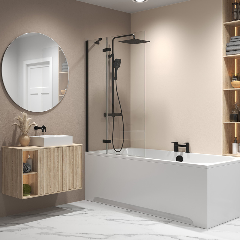 Aqualux 2 Panel Bath Screen Matt Black Frame 1500x1000mm