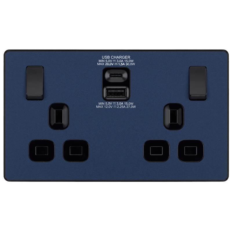 BG Evolve Matt Blue (Black Ins) Double Switched 13A Power Socket + Usb C 30W + Usba (2.1A)