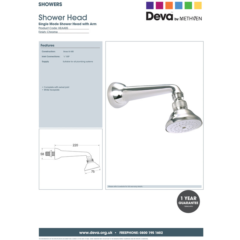 Deva Single Spray Shower Head & Arm