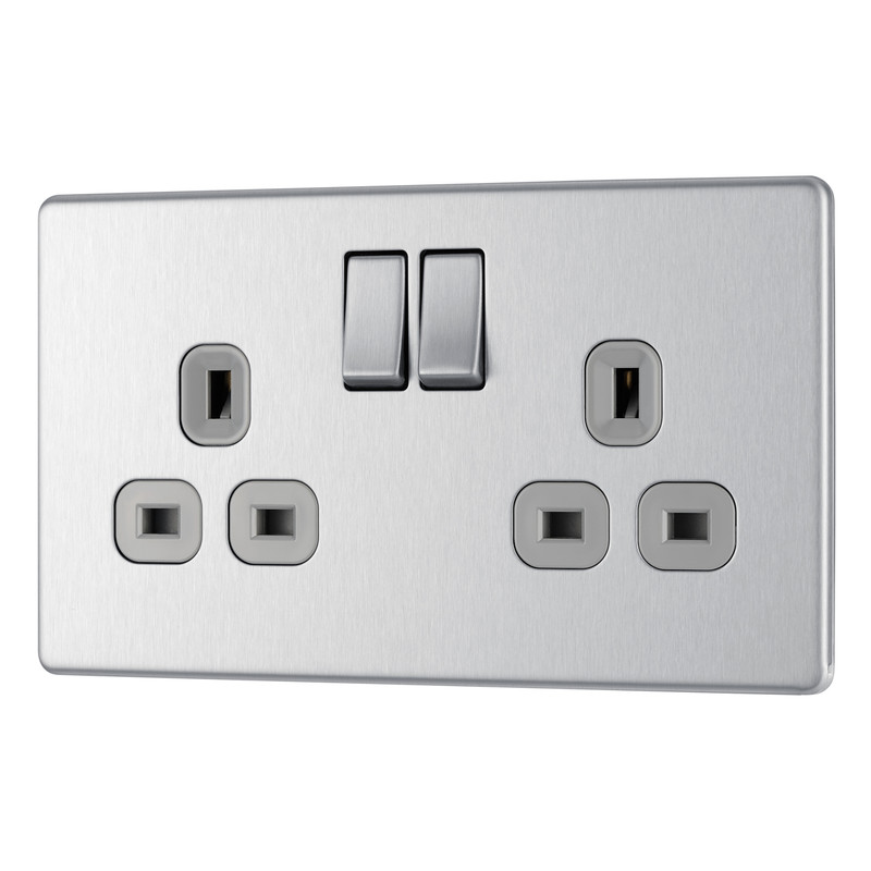 BG Screwless Flat Plate Brushed Stainless Steel 13A DP Switched Socket 2 Gang
