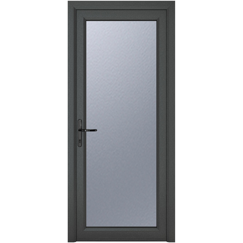 Crystal uPVC Single Door Full Glass Right Hand Open In 840mm x 2090mm Obscure Double Glazed Grey/White