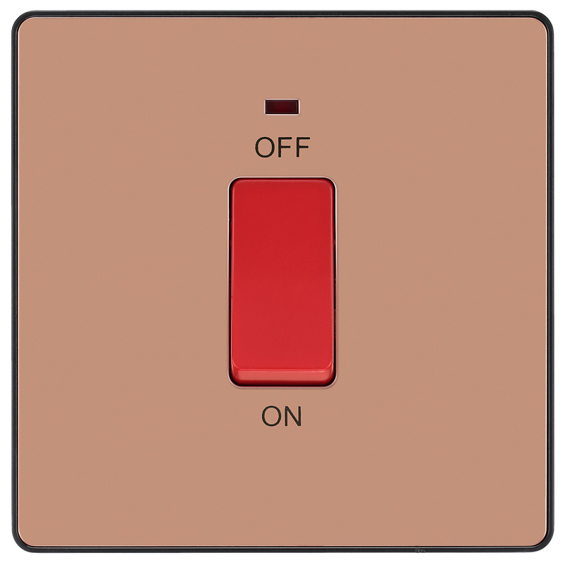 BG Evolve Polished Copper (Black Ins) 45A Square Switch, Double Pole With Led Power Indicator