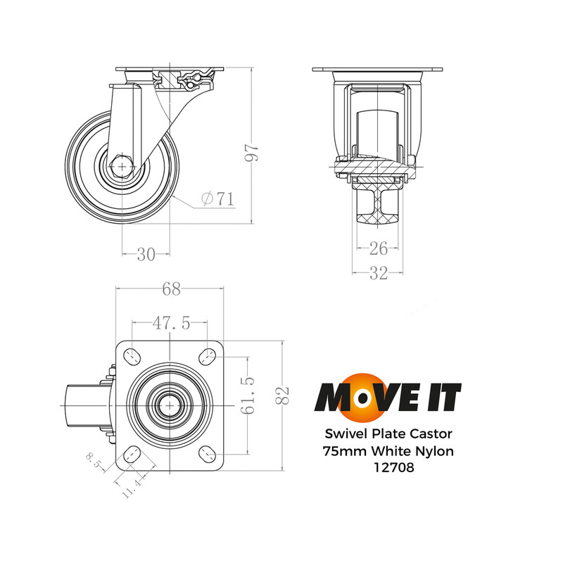 Swivel Castor 75mm 70kg