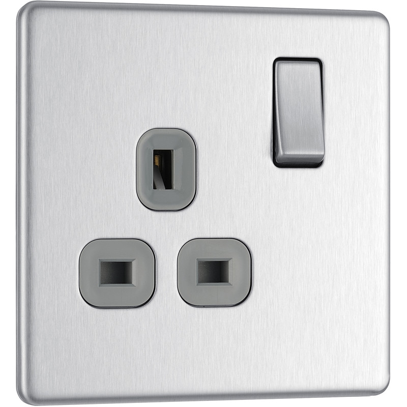 BG Screwless Flat Plate Brushed Stainless Steel 13A DP Switched Socket 1 Gang
