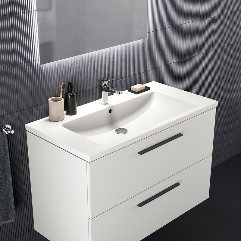 Ideal Standard i.life B Double Drawer Wall Hung Unit with Basin Matt White 1000mm with Matt Black Handles