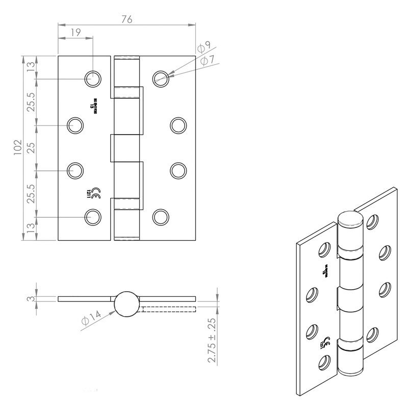 Eurospec British Standard Ball Bearing Hinge Grade 13 Polished Stainless Steel