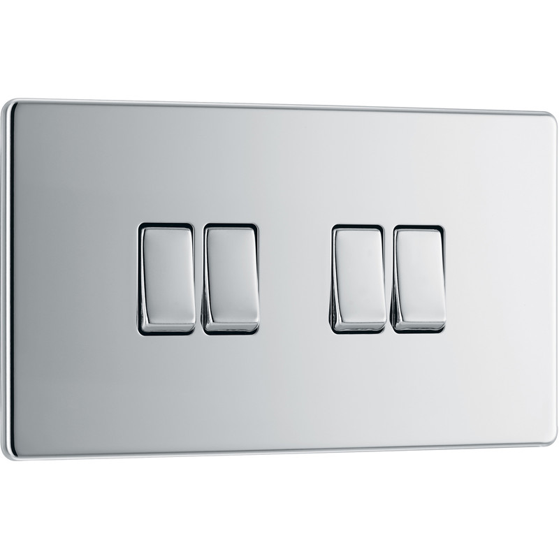 BG Screwless Flat Plate Polished Chrome 10AX Light Switch 4 Gang 2 Way