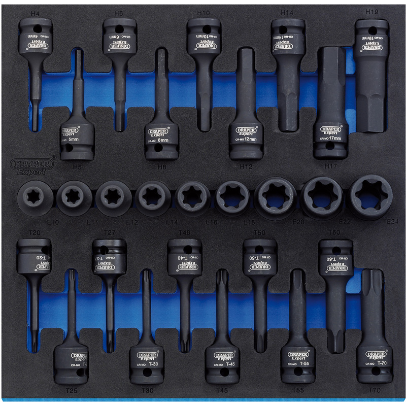 Draper TX-STAR Impact & Hex Socket Set in 1/2 Drawer EVA Insert Tray, 1/2" Sq. Dr. 28 Piece