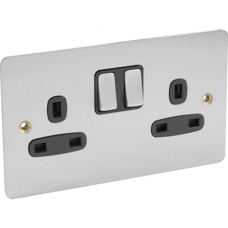 Flat Plate Satin Chrome 13A Switched Socket 2 Gang DP