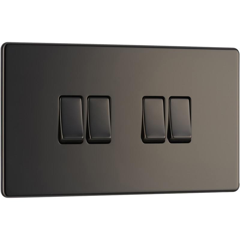 BG Screwless Flat Plate Black Nickel Light Switch 4 Gang 2 Way 10AX