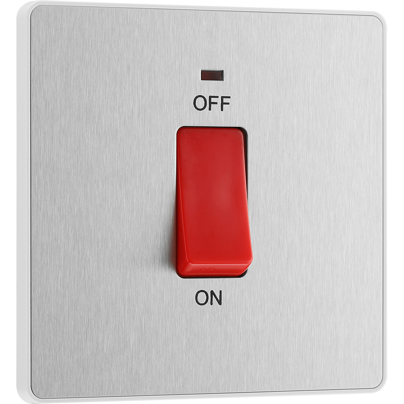 BG Evolve Brushed Steel (White Ins) 45A Square Switch, Double Pole With Led Power Indicator