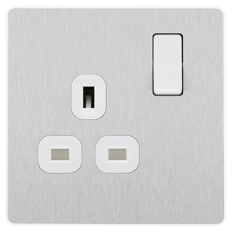 BG Evolve Brushed Steel (White Ins) Single Switched 13A Power Socket