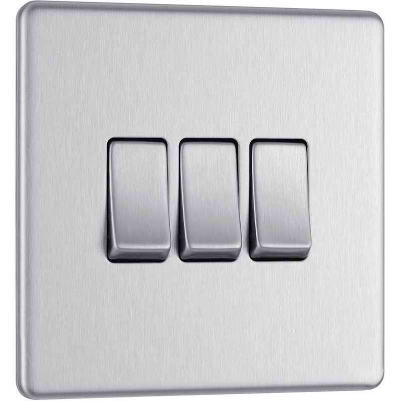 BG Screwless Flat Plate Brushed Stainless Steel 10AX Light Switch 3 Gang 2 Way