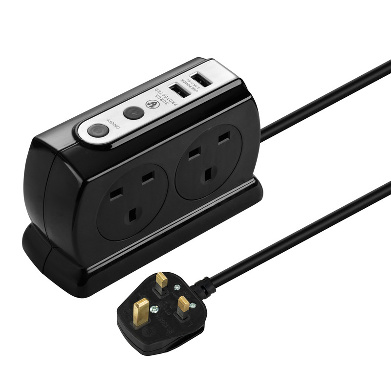4 Socket Switched Extension Lead + 2 x 3.1A USB Compact Surge - Black 2m