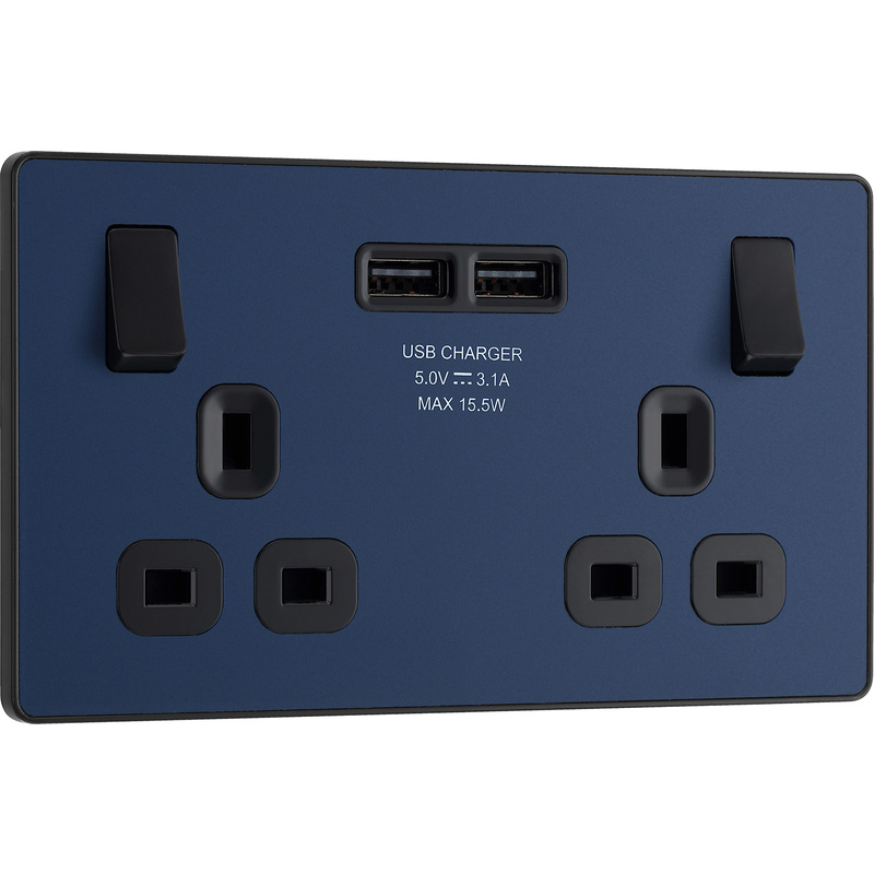 BG Evolve Matt Blue (Black Ins) Double Switched 13A Power Socket + 2 X Usb (3.1A)