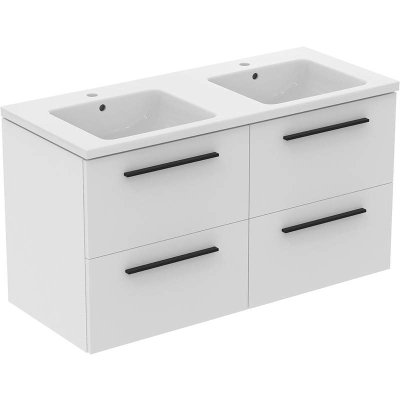 Ideal Standard i.life B 4 Drawer Wall Hung Unit with Double Basin Matt White 1200mm with Matt Black Handles