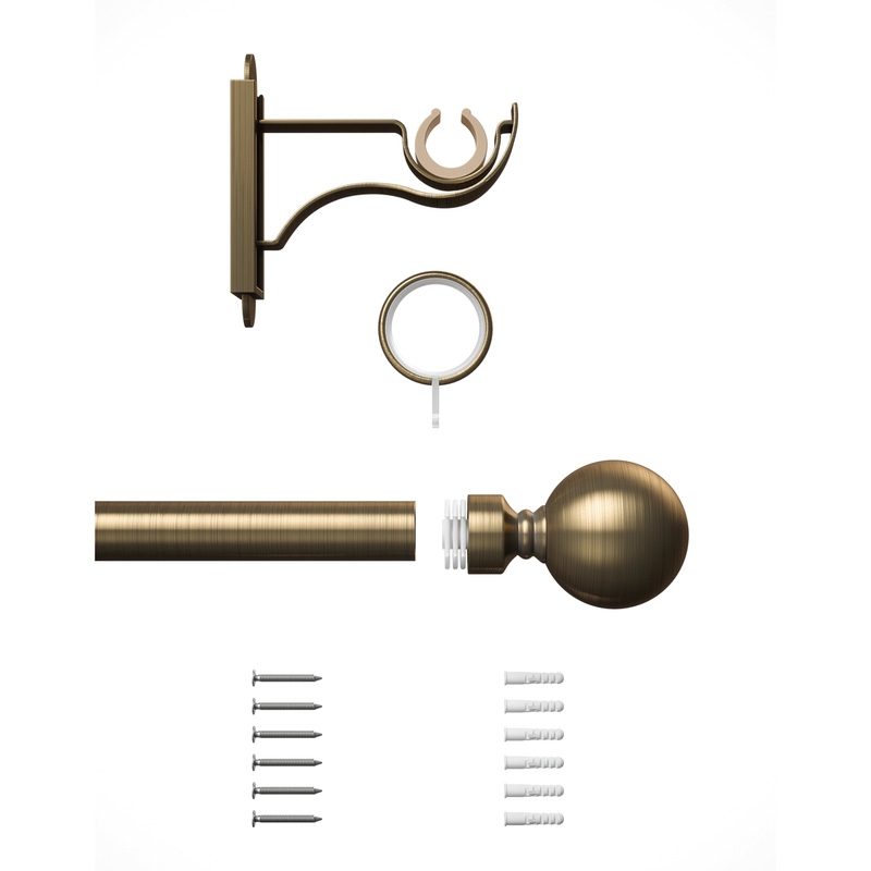 Rothley Curtain Pole Kit with Solid Orb Finials & Rings Antique Brass 25mm x 1219mm