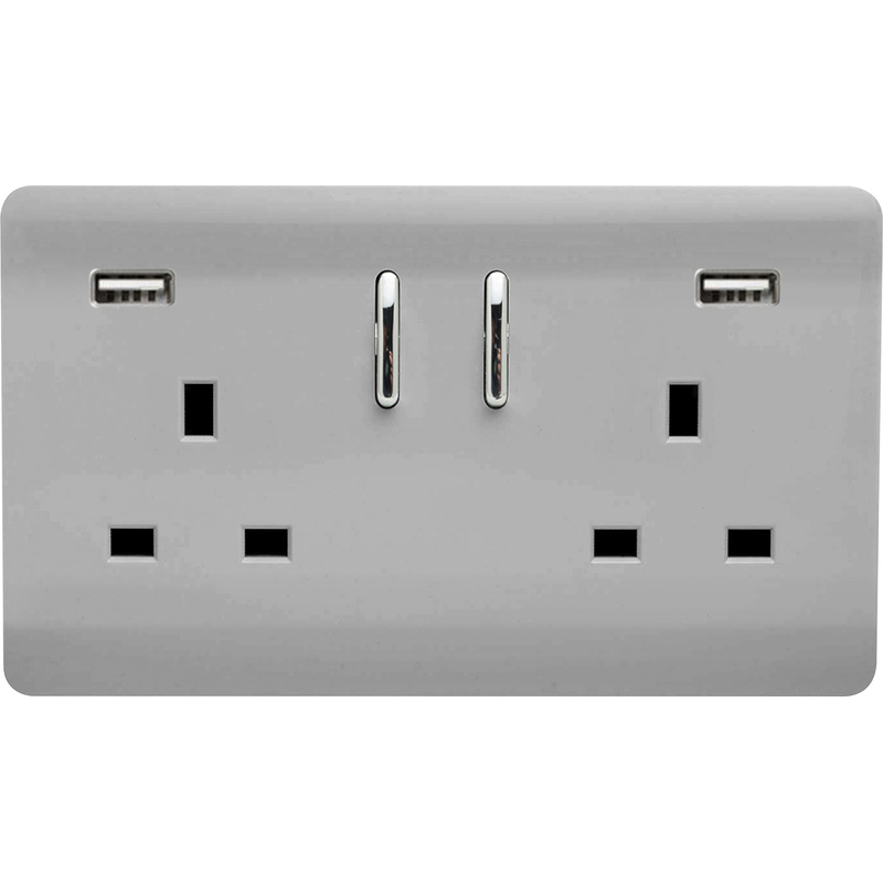 Trendiswitch Brushed Steel 2 Gang 13 Amp Socket. 2X2.1MaH USB 2 Gang