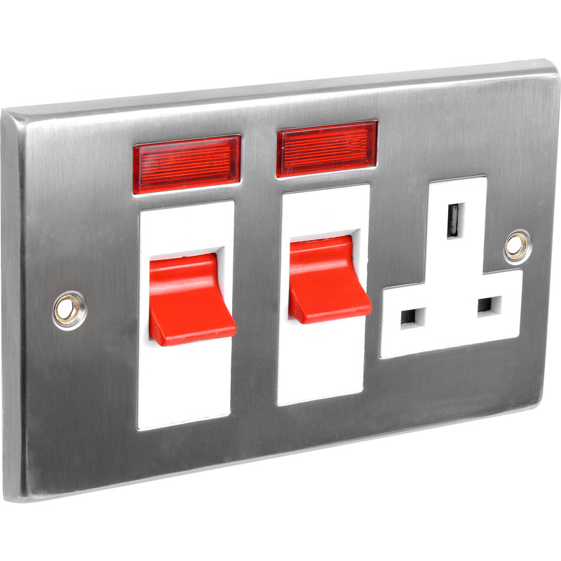 Satin Chrome / White Cooker Socket & Neon 45A