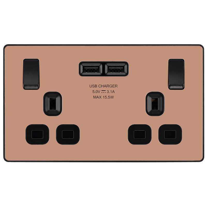 BG Evolve Polished Copper (Black Ins) Double Switched 13A Power Socket + 2 X Usb (3.1A)