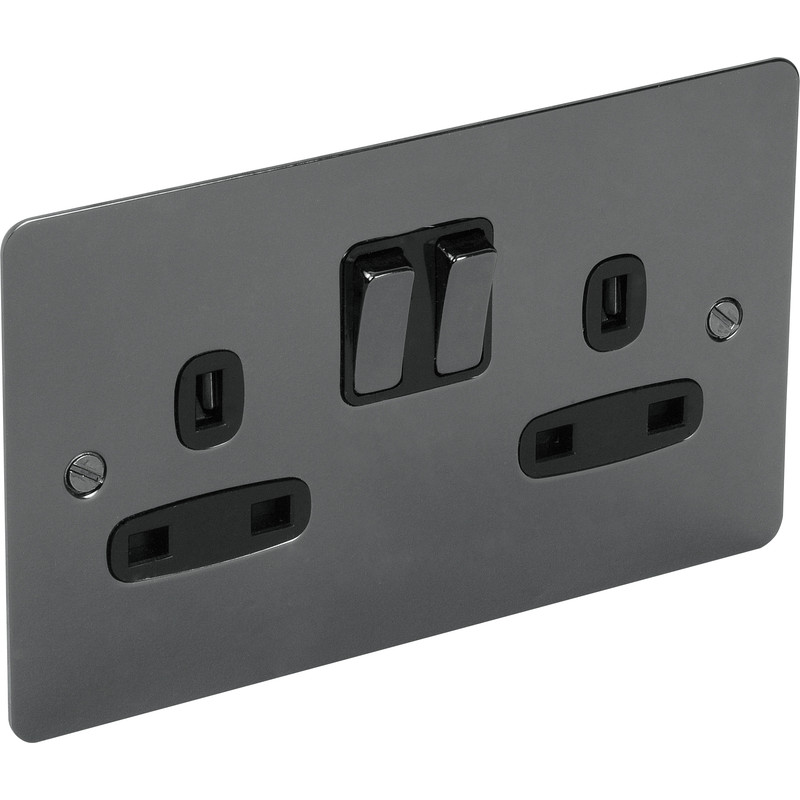 Flat Plate Black Nickel 13A Socket 2 Gang Switched SP