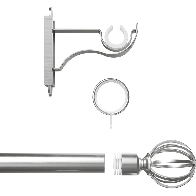 Rothley Curtain Pole Kit with Cage Orb Finials & Rings Brushed Stainless Steel 25mm x 1219mm