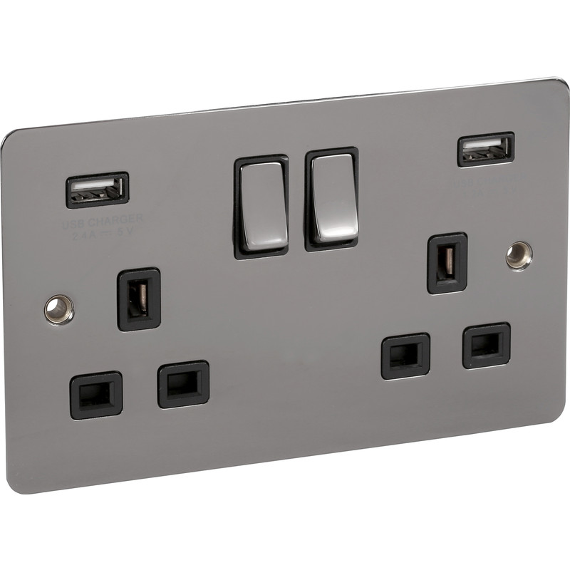 Flat Black Nickel USB Switched Socket 13A 2 Gang + 2 USB