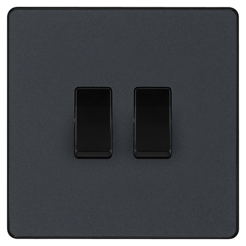 BG Evolve Matt Grey (Black Ins) Double Light Switch, 20A 16Ax, 2 Way