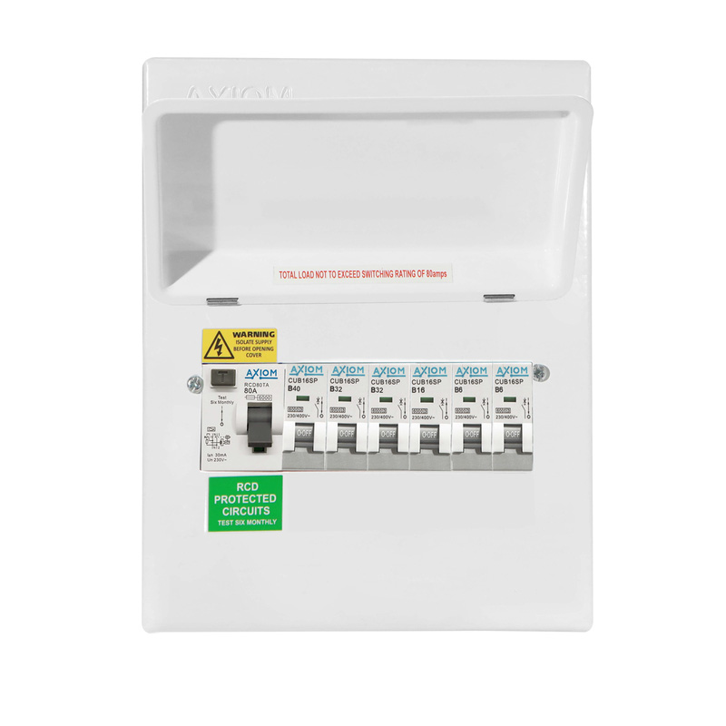 Axiom Metal Consumer Unit + 80A Type A RCD + 6 MCBs 6 Way