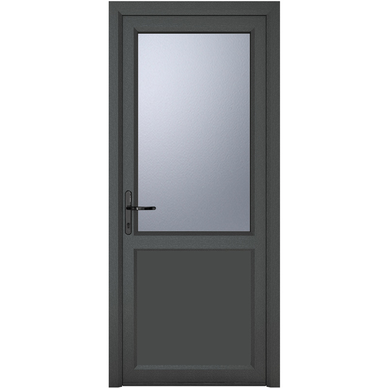 Crystal uPVC Single Door Half Glass Half Panel Right Hand Open In 840mm x 2090mm Obscure Double Glazed Grey/White