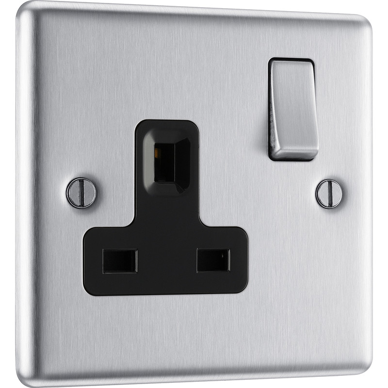 BG Brushed Steel 13A DP Black Insert Switched Socket 1 Gang