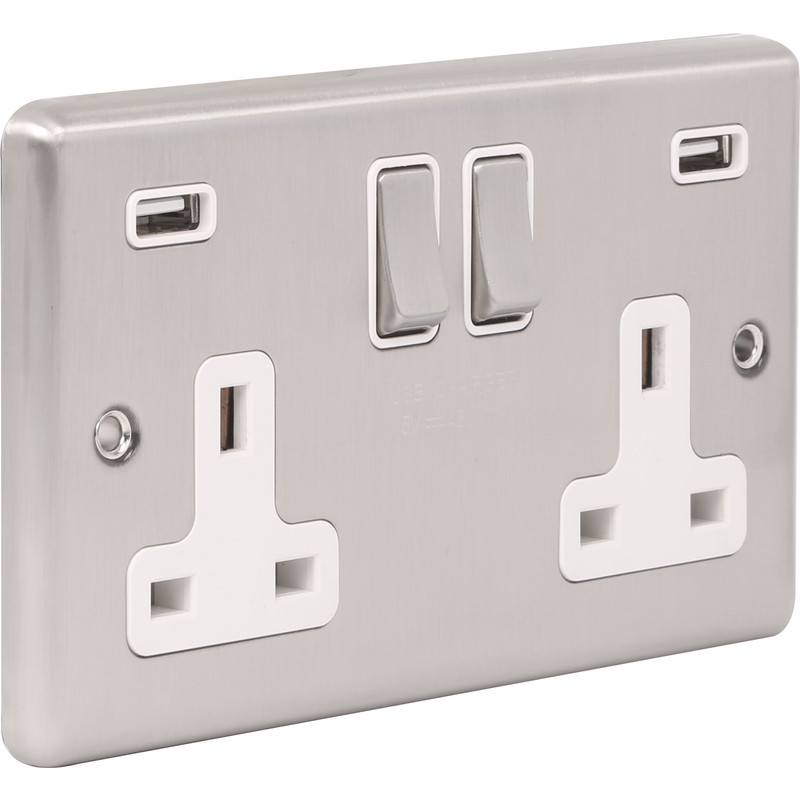 Wessex Brushed Stainless Steel USB Switched Socket 4.8A 2 Gang White Insert