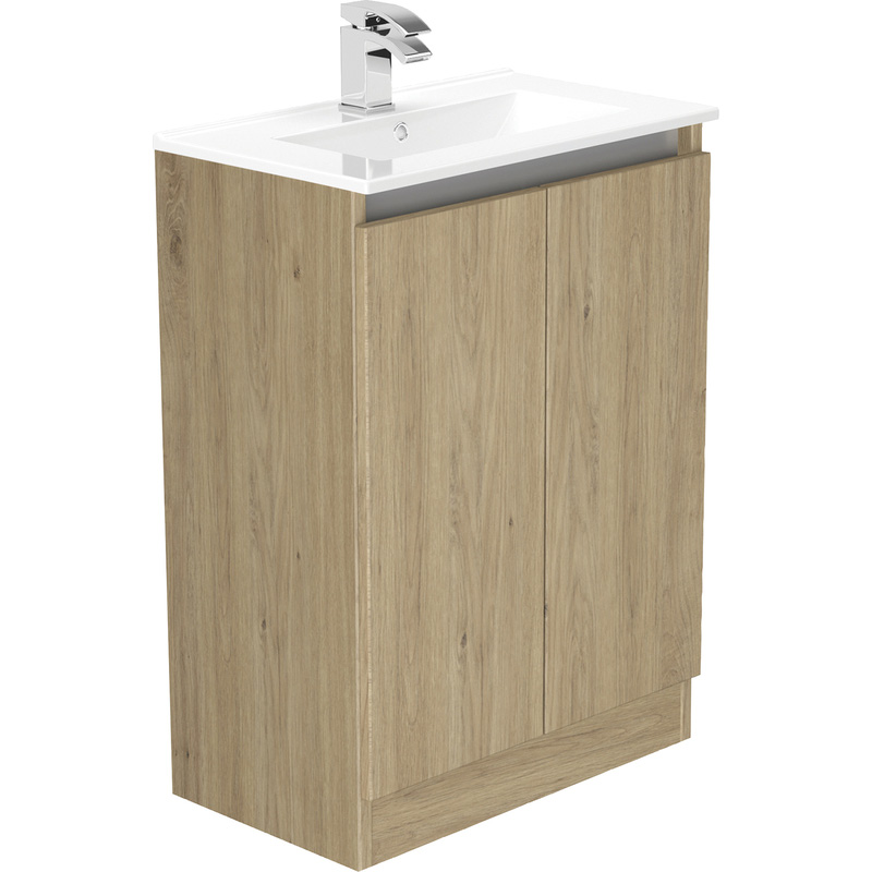 Newland Double Door Slimline Floor Standing Vanity Unit With Basin Natural Oak 600mm