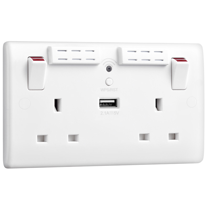 BG 13A Low Profile Wi-Fi Extender Switched Socket 2 Gang 1 USB 2.1A