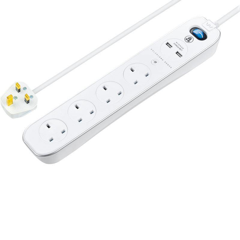 4 Socket Switched Extension Lead + 2 x 3.1A USB Inline Surge - Gloss White 2m