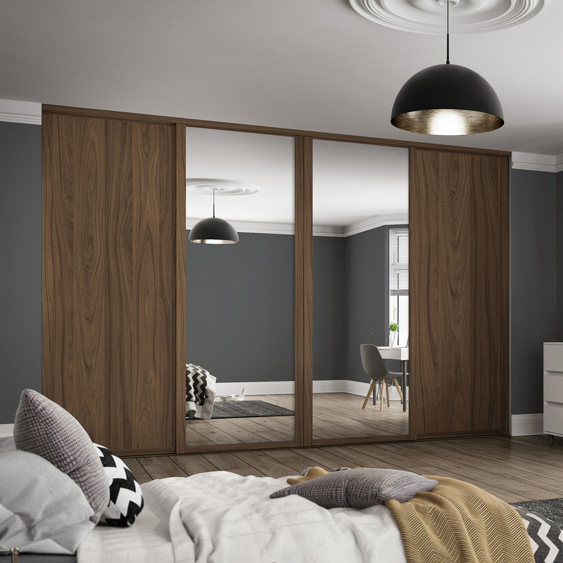 Spacepro Shaker 4 Door Sliding Wardrobe Kit Walnut and Mirror 3506 x 2260mm