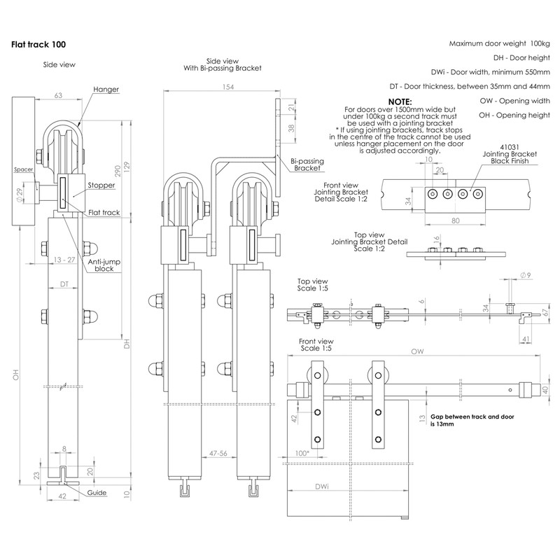 Coburn Flat Track 100 Straight Hanger System One Door 1000mm - Stainless Steel Finish