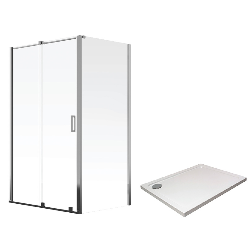 Aqualux Frameless 6mm Sliding Door & Side Panel Shower Enclosure with Tray and Waste Kit 1400x900mm