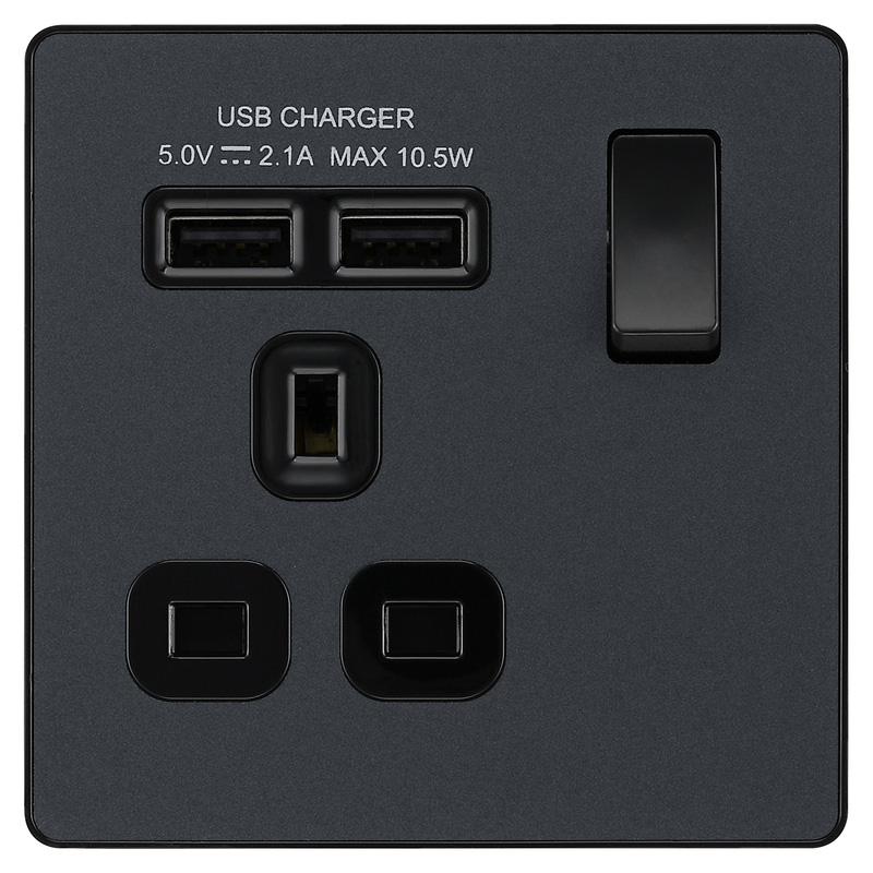 BG Evolve Matt Grey (Black Ins) Single Switched 13A Power Socket + 2 X Usb (2.1A)