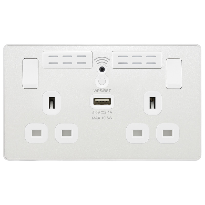BG Evolve Pearlescent White (White Ins) Wifi Extender Double Switched 13A Power Socket + 1X Usb (2.1A)