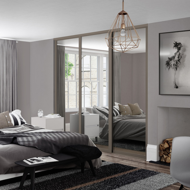 Spacepro Shaker 3 Door Sliding Wardrobe Kit Stone Grey Framed Mirror 2592 x 2260mm